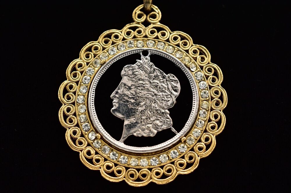 Vintage Carved Coin Heavy Pendant Necklace Crystal Chain Gold Chunky 1970s BinBH